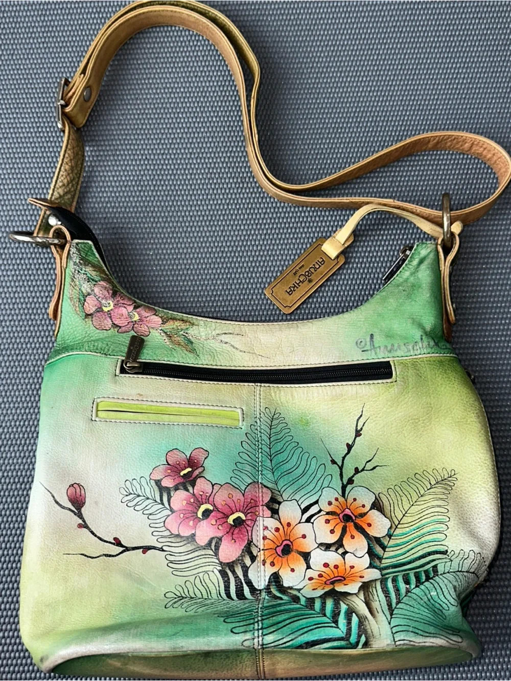 Anuschka Hand Painted Genuine Leather Hobo Shoulder Bag Peacock Floral